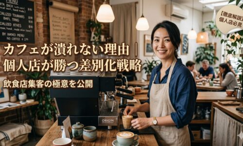 落ち着いたカフェの店内で、笑顔の日本人女性バリスタがラテアートを作っている画像。画像上部に「カフェが潰れない理由｜個人店が勝つ差別化戦略」と「飲食店集客の極意を公開」の文字。右上に「【徹底解説】個人店必見」の吹き出しラベル。