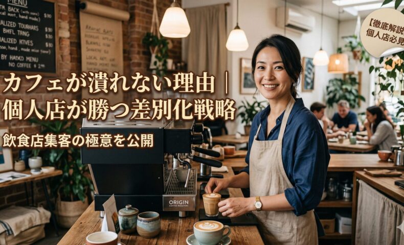 落ち着いたカフェの店内で、笑顔の日本人女性バリスタがラテアートを作っている画像。画像上部に「カフェが潰れない理由｜個人店が勝つ差別化戦略」と「飲食店集客の極意を公開」の文字。右上に「【徹底解説】個人店必見」の吹き出しラベル。