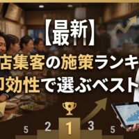 明るい飲食店内でタブレットを持つ日本人男性オーナーと「【最新】飲食店集客の施策ランキング！即効性で選ぶベスト5」のタイトル文字