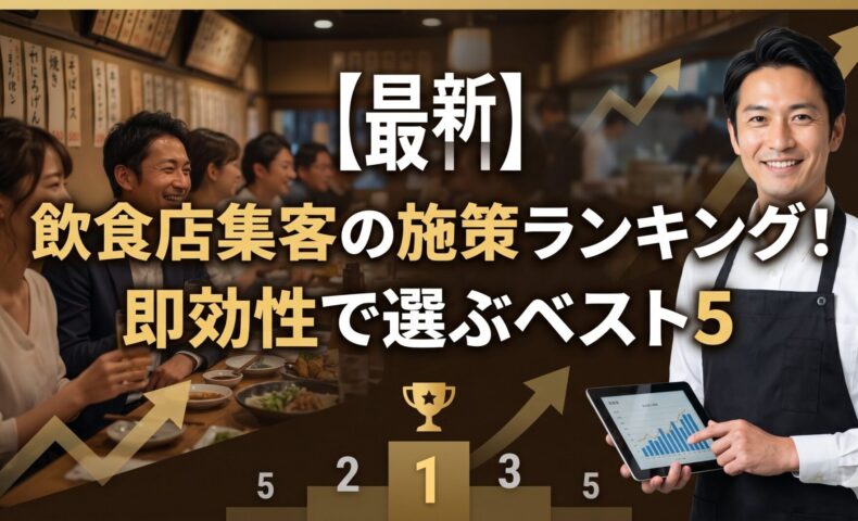 明るい飲食店内でタブレットを持つ日本人男性オーナーと「【最新】飲食店集客の施策ランキング！即効性で選ぶベスト5」のタイトル文字