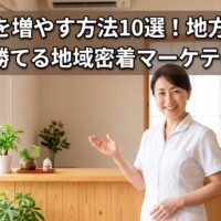 清潔感のある現代的なサロンで、信頼感のある日本人女性モデルが微笑む画像。画像上部に、「【集客を増やす方法10選！地方店舗経営でも勝てる地域密着マーケティング】」というタイトルが大きな文字で、読みやすく配置されています。文字背景には可読性を高めるためのシャドウが施されています。