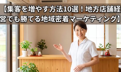 清潔感のある現代的なサロンで、信頼感のある日本人女性モデルが微笑む画像。画像上部に、「【集客を増やす方法10選！地方店舗経営でも勝てる地域密着マーケティング】」というタイトルが大きな文字で、読みやすく配置されています。文字背景には可読性を高めるためのシャドウが施されています。