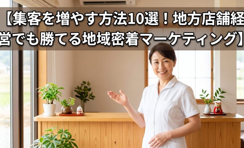 清潔感のある現代的なサロンで、信頼感のある日本人女性モデルが微笑む画像。画像上部に、「【集客を増やす方法10選！地方店舗経営でも勝てる地域密着マーケティング】」というタイトルが大きな文字で、読みやすく配置されています。文字背景には可読性を高めるためのシャドウが施されています。