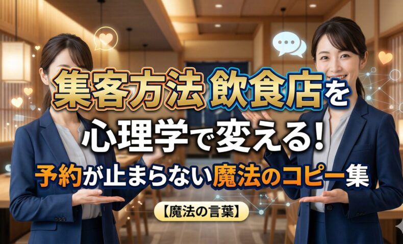 集客方法を心理学で変える飲食店マーケティングの専門家。予約が止まらない魔法のコピー集を解説するアイキャッチ画像。