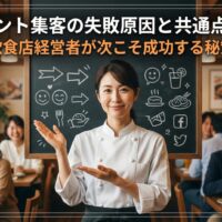 和風の飲食店内で、イベント集客の失敗原因と成功の秘策を解説する日本人女性シェフと、背景で賑わう満員のお客様。中央に記事タイトルテキスト。
