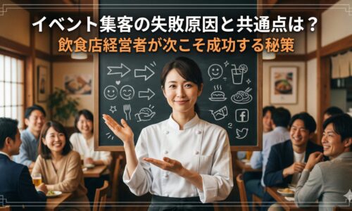 和風の飲食店内で、イベント集客の失敗原因と成功の秘策を解説する日本人女性シェフと、背景で賑わう満員のお客様。中央に記事タイトルテキスト。
