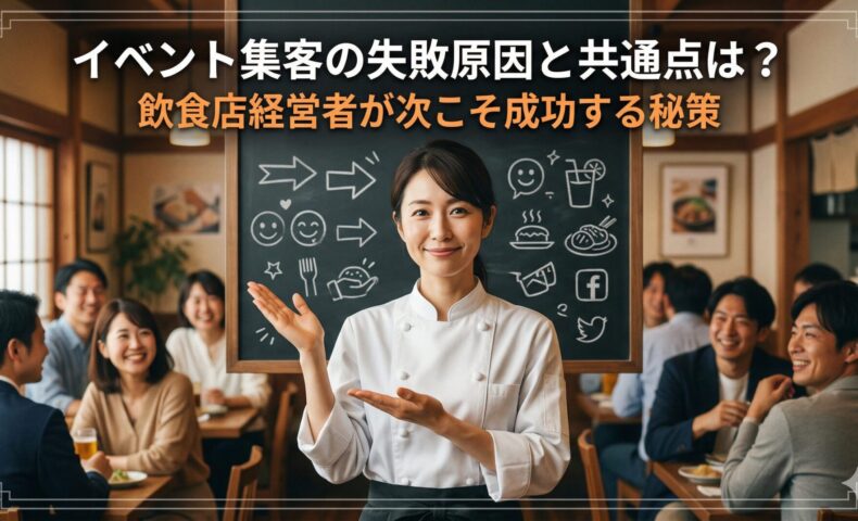 和風の飲食店内で、イベント集客の失敗原因と成功の秘策を解説する日本人女性シェフと、背景で賑わう満員のお客様。中央に記事タイトルテキスト。