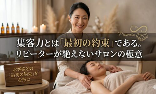 リラックスした表情で施術を受ける女性と、優しく微笑む日本人女性セラピスト。中央には「集客力とは『最初の約束』である。リピーターが絶えないサロンの極意」というタイトル文字。