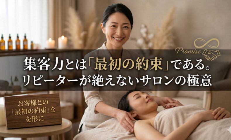 リラックスした表情で施術を受ける女性と、優しく微笑む日本人女性セラピスト。中央には「集客力とは『最初の約束』である。リピーターが絶えないサロンの極意」というタイトル文字。