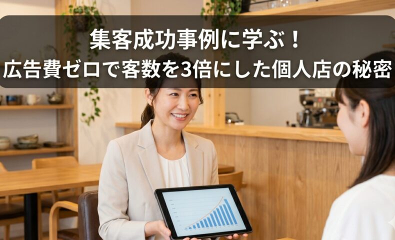 清潔感のあるサロンで、笑顔の日本人女性スタッフがお客様にタブレットを見せている画像。上部には「【集客成功事例に学ぶ！広告費ゼロで客数を3倍にした個人店の秘密】」という記事タイトルが大きく配置されており、下部には集客術に関する説明文が記載されています。