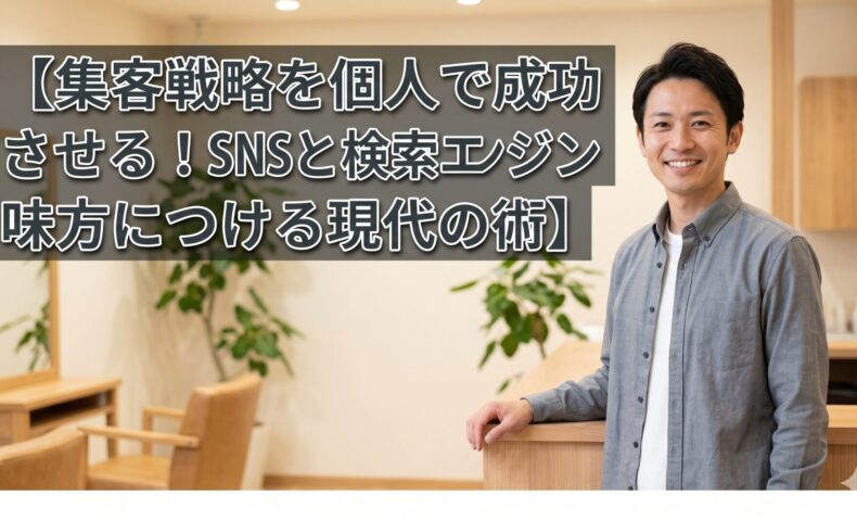 清潔感のある現代的なサロンで、信頼感のある日本人男性モデルが微笑む画像。画像上部に、「【集客戦略を個人で成功させる！SNSと検索エンジンを味方につける現代の術】」というタイトルが大きな文字で、読みやすく配置されています。文字背景には可読性を高めるためのシャドウが施されています。