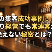 バーのカウンターで微笑む日本人マスターと「バーの集客成功事例！ひとり経営でも常連客が絶えない秘密とは？」のタイトル文字