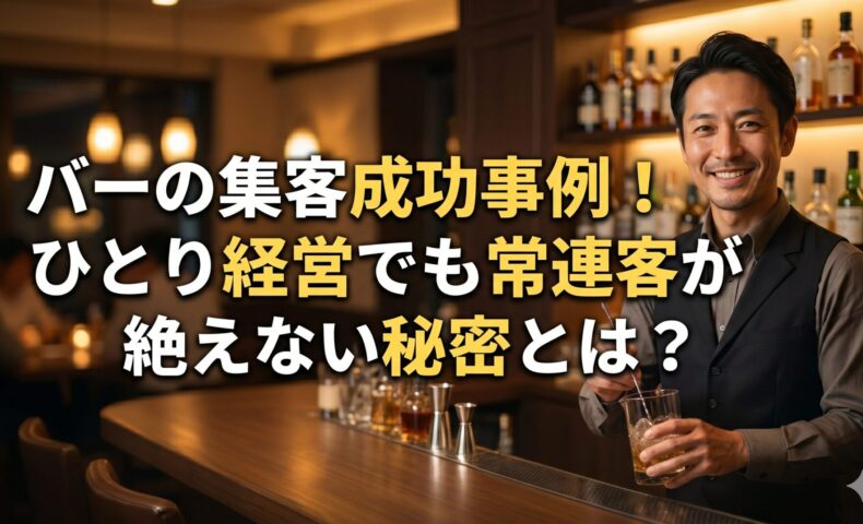 バーのカウンターで微笑む日本人マスターと「バーの集客成功事例！ひとり経営でも常連客が絶えない秘密とは？」のタイトル文字