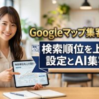 信頼感のある日本人女性マーケティング専門家が、明るくモダンなオフィスでタブレットを指差しながら微笑む背景に、中央に大きな文字で「Googleマップ集客で勝つ！検索順位を上げる設定とAI集客術」というタイトルが読みやすく配置されているアイキャッチ画像。文字背景には黒帯がなく、ネイビーとゴールドを基調とした洗練されたデザイン帯が採用され、文字に強弱（ジャンプ率）がつけられている。