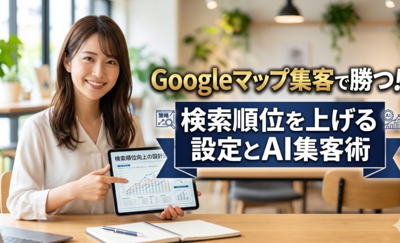 信頼感のある日本人女性マーケティング専門家が、明るくモダンなオフィスでタブレットを指差しながら微笑む背景に、中央に大きな文字で「Googleマップ集客で勝つ！検索順位を上げる設定とAI集客術」というタイトルが読みやすく配置されているアイキャッチ画像。文字背景には黒帯がなく、ネイビーとゴールドを基調とした洗練されたデザイン帯が採用され、文字に強弱（ジャンプ率）がつけられている。