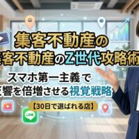 集客不動産のZ世代攻略術を解説する日本人女性専門家。スマホ第一主義の視覚戦略とLINE・動画活用をイメージしたアイキャッチ画像。