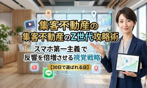 集客不動産のZ世代攻略術を解説する日本人女性専門家。スマホ第一主義の視覚戦略とLINE・動画活用をイメージしたアイキャッチ画像。
