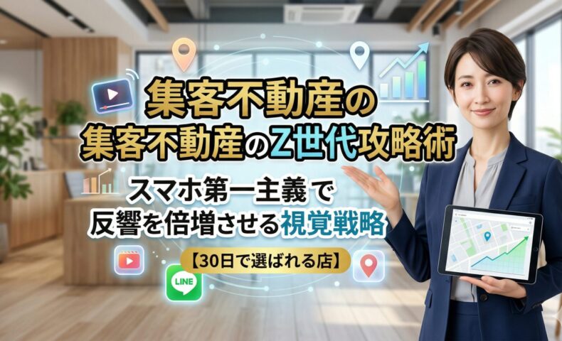 集客不動産のZ世代攻略術を解説する日本人女性専門家。スマホ第一主義の視覚戦略とLINE・動画活用をイメージしたアイキャッチ画像。