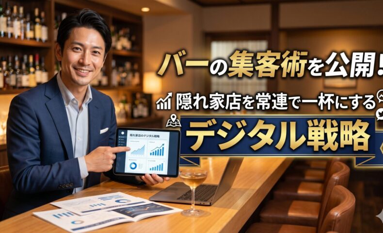 隠れ家のような隠れ家バーのカウンターで、信頼感のある日本人男性マーケティング専門家が微笑む画像。上部には「バーの集客術を公開！隠れ家店を常連で一杯にするデジタル戦略」という記事タイトルが大きな白い文字で、読みやすく配置されています。文字背景には黒帯がなく、ネイビーとゴールドを基調とした洗練されたデザイン帯が採用されています