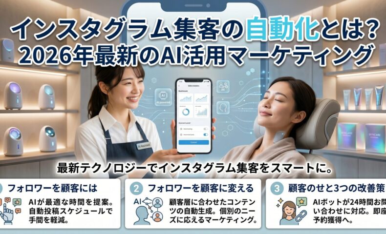 上質なサロンでリラックスした表情を浮かべる日本人モデル。未来的なデザインのテキスト「AI×自動化！インスタグラム集客」が際立っています。