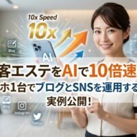 スマートフォンを持ち微笑むエステサロンオーナーの日本人女性。背景には「集客エステをAIで10倍速に！」の文字と、SNSやブログ、AIのアイコンが飛び交うスピード感のあるデザイン。