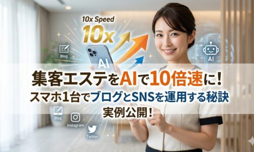 スマートフォンを持ち微笑むエステサロンオーナーの日本人女性。背景には「集客エステをAIで10倍速に！」の文字と、SNSやブログ、AIのアイコンが飛び交うスピード感のあるデザイン。