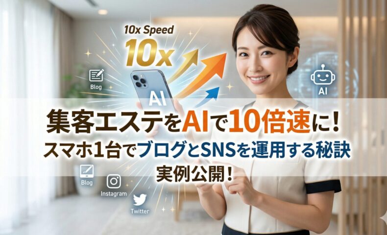 スマートフォンを持ち微笑むエステサロンオーナーの日本人女性。背景には「集客エステをAIで10倍速に！」の文字と、SNSやブログ、AIのアイコンが飛び交うスピード感のあるデザイン。