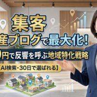 集客を不動産ブログで最大化する戦略を解説する日本人女性専門家。地域特化型の地図活用と制作費0円での反響獲得をイメージしたアイキャッチ画像。