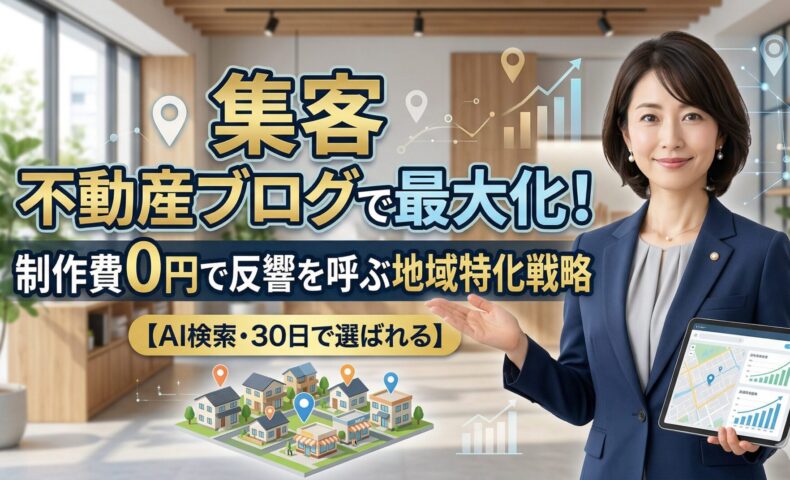 集客を不動産ブログで最大化する戦略を解説する日本人女性専門家。地域特化型の地図活用と制作費0円での反響獲得をイメージしたアイキャッチ画像。