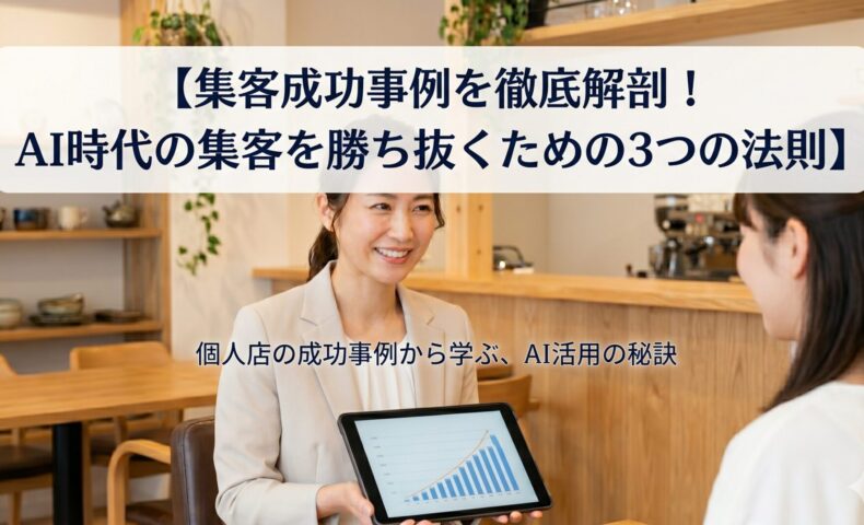 清潔感のある美容サロンで、信頼できる日本人女性スタッフがお客様（日本人女性）にタブレットを使いながら説明している笑顔の画像。上部には「【集客成功事例を徹底解剖！AI時代の集客を勝ち抜くための3つの法則】」というテキストが大きく配置されています。