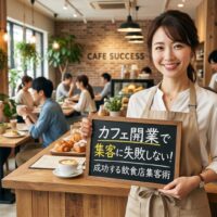 賑わうカフェの店内で、笑顔の日本人女性店主が「カフェ開業で集客に失敗しない！成功する飲食店集客術」と書かれたボードを持っている画像