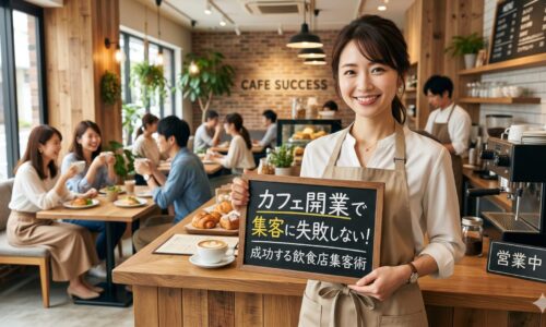 賑わうカフェの店内で、笑顔の日本人女性店主が「カフェ開業で集客に失敗しない！成功する飲食店集客術」と書かれたボードを持っている画像