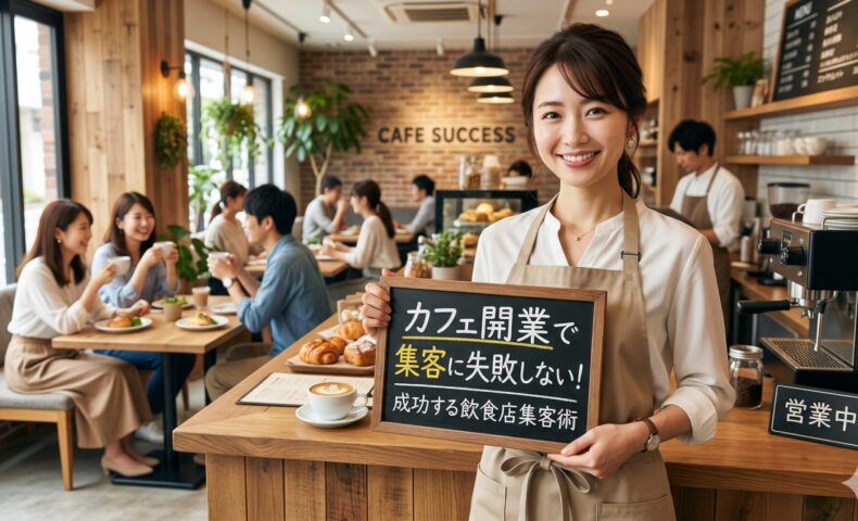 賑わうカフェの店内で、笑顔の日本人女性店主が「カフェ開業で集客に失敗しない！成功する飲食店集客術」と書かれたボードを持っている画像