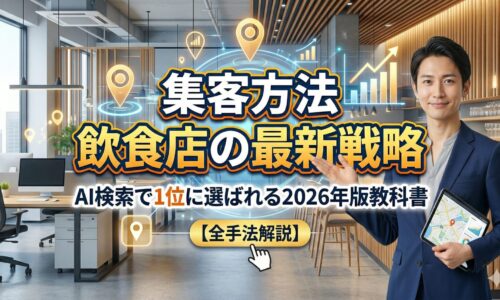 集客方法を飲食店向けに解説する日本人男性専門家。AI検索対策とGoogleマップ連動による店舗集客の最新戦略をイメージしたアイキャッチ画像。