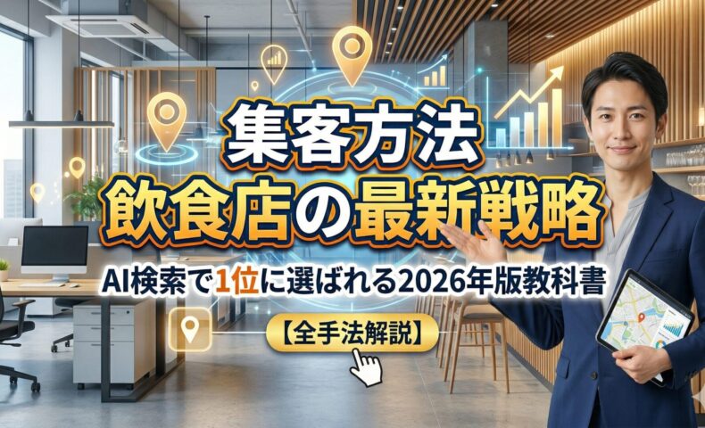集客方法を飲食店向けに解説する日本人男性専門家。AI検索対策とGoogleマップ連動による店舗集客の最新戦略をイメージしたアイキャッチ画像。