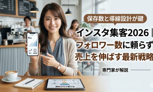 落ち着いた日本人女性の専門家が、tabletに表示された2026年最新のインスタ集客における売上最大化導線チャートを指差し、自信を持って解説している画像。画像右上に「インスタ集客2026｜フォロワー数に頼らず売上を伸ばす最新戦略」のテキスト。