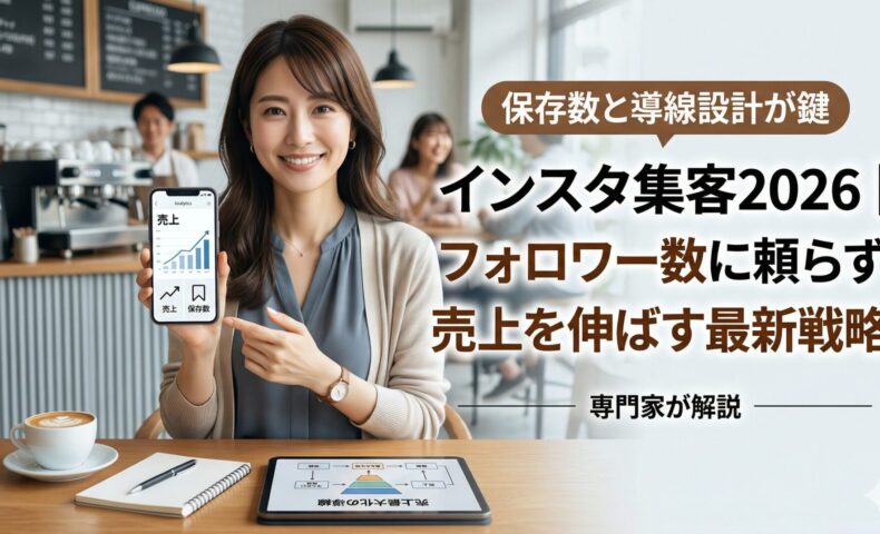 落ち着いた日本人女性の専門家が、tabletに表示された2026年最新のインスタ集客における売上最大化導線チャートを指差し、自信を持って解説している画像。画像右上に「インスタ集客2026｜フォロワー数に頼らず売上を伸ばす最新戦略」のテキスト。