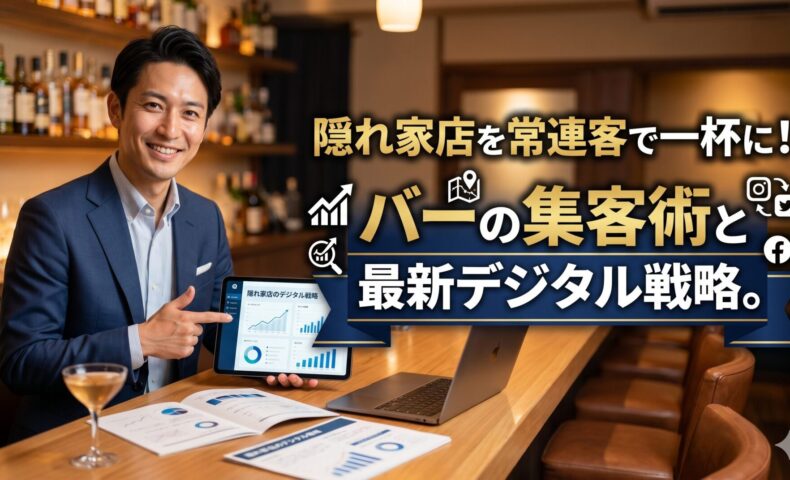隠れ家のような隠れ家バーのカウンターで、信頼感のある日本人男性マーケティング専門家が微笑む画像。上部には「隠れ家店を常連客で一杯に！バーの集客術と最新デジタル戦略。」という記事タイトルが大きな白い文字で、読みやすく配置されています。文字背景には黒帯がなく、ネイビーとゴールドを基調とした洗練されたデザイン帯が採用されています。