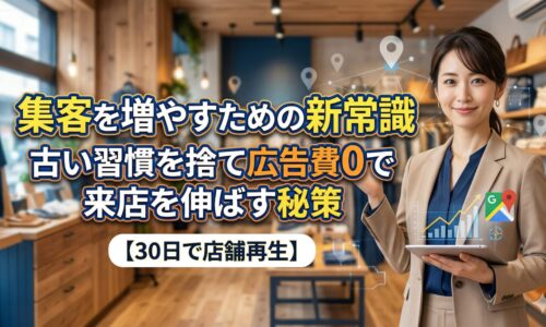 集客を増やすための新常識を解説する日本人女性専門家。広告費0円での店舗再生とGoogleマップ活用をイメージしたアイキャッチ画像。