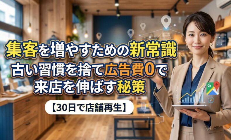 集客を増やすための新常識を解説する日本人女性専門家。広告費0円での店舗再生とGoogleマップ活用をイメージしたアイキャッチ画像。