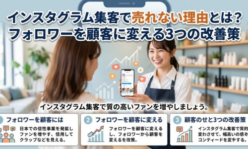 明るい店内でスマートフォンを見せながら、お客様と笑顔で話す日本人女性スタッフ。中央にはインスタグラム集客の成功を伝えるタイトル文字。