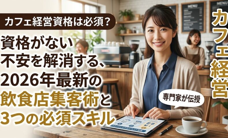 落ち着いた日本人女性の専門家が、tabletに表示された2026年最新のカフェ経営資格に頼らない成功チャートを指差し、自信を持って解説している画像。画像右上に「カフェ経営資格は必須？資格がない不安を解消する、2026年最新の飲食店集客術と3つの必須スキル」のテキスト