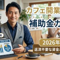 2026年のカフェ開業における補助金・助成金の活用例（棒グラフ）が映ったタブレットを指差し、自信を持って解説する日本人男性専門家の画像。右上に「カフェ開業資金の補助金ガイド！2026年最新の返済不要な資金と申請のコツ」の文字タイトル。