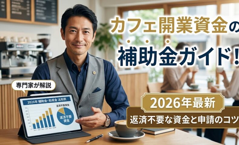2026年のカフェ開業における補助金・助成金の活用例（棒グラフ）が映ったタブレットを指差し、自信を持って解説する日本人男性専門家の画像。右上に「カフェ開業資金の補助金ガイド！2026年最新の返済不要な資金と申請のコツ」の文字タイトル。