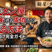 活気あるラーメン店の厨房で、笑顔でどんぶりを持つ信頼感のある店主の男性。背景には楽しそうに食事をする客が写り、「ラーメン屋 未経験でも成功して儲かる方法｜初心者向け完全ガイド」という大きな文字が添えられている。