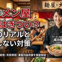 清潔感のあるラーメン店の店内で、笑顔でラーメンを提供する若い女性店主。背景には賑わう店内の様子が写り、「ラーメン屋 経営はきつい？現場のリアルと失敗しない対策」というインパクトのある文字が配置されている。