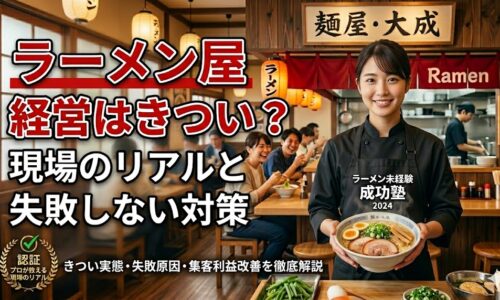 清潔感のあるラーメン店の店内で、笑顔でラーメンを提供する若い女性店主。背景には賑わう店内の様子が写り、「ラーメン屋 経営はきつい？現場のリアルと失敗しない対策」というインパクトのある文字が配置されている。