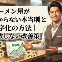 ラーメン屋のカウンターで黒字化のグラフを指差して微笑むプロのコンサルタント。背景に厨房と「ラーメン屋が儲からない本当の理由と黒字化の方法」の文字。