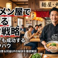 繁盛しているラーメン店の店内で、自信に満ちた表情でラーメンを持つ店主の男性。背景には食事を楽しむ客が写っており、「ラーメン屋で儲かる経営戦略｜低資金でも成功する具体ノウハウ」という文字が中央に配置されている。