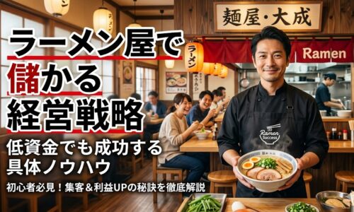 繁盛しているラーメン店の店内で、自信に満ちた表情でラーメンを持つ店主の男性。背景には食事を楽しむ客が写っており、「ラーメン屋で儲かる経営戦略｜低資金でも成功する具体ノウハウ」という文字が中央に配置されている。